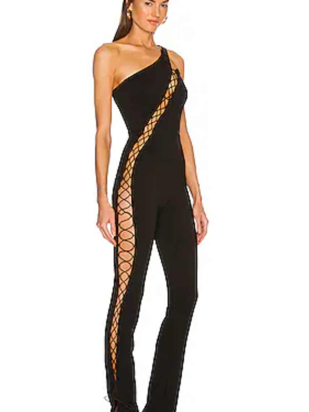 Asymmetric One-Shoulder Black Lace-Up Jumpsuit